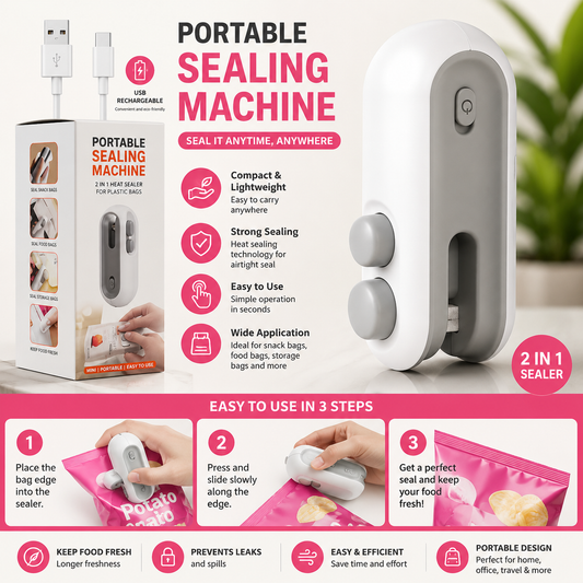 Portable Mini Bag Sealer Machine – USB Rechargeable 2-in-1 Heat Sealer & Cutter – Handheld Vacuum Sealer for Snacks, Chips & Food Storage – White & Grey