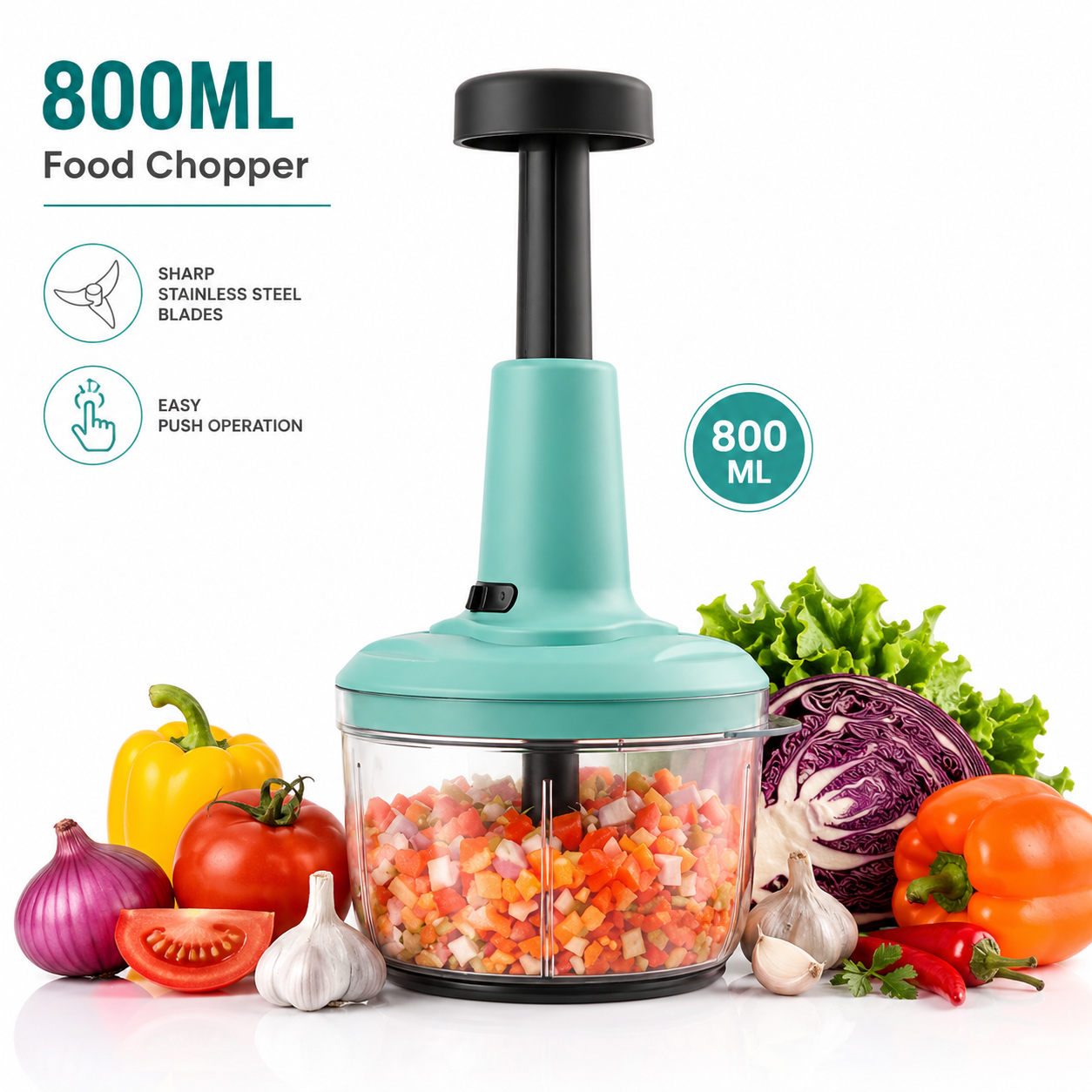 Hand Push Chopper 800ml | Manual Vegetable Push Chopper | 6 Blade Turbo Push Chopper Combo | Kitchen Hand Push Chopper Cutter.