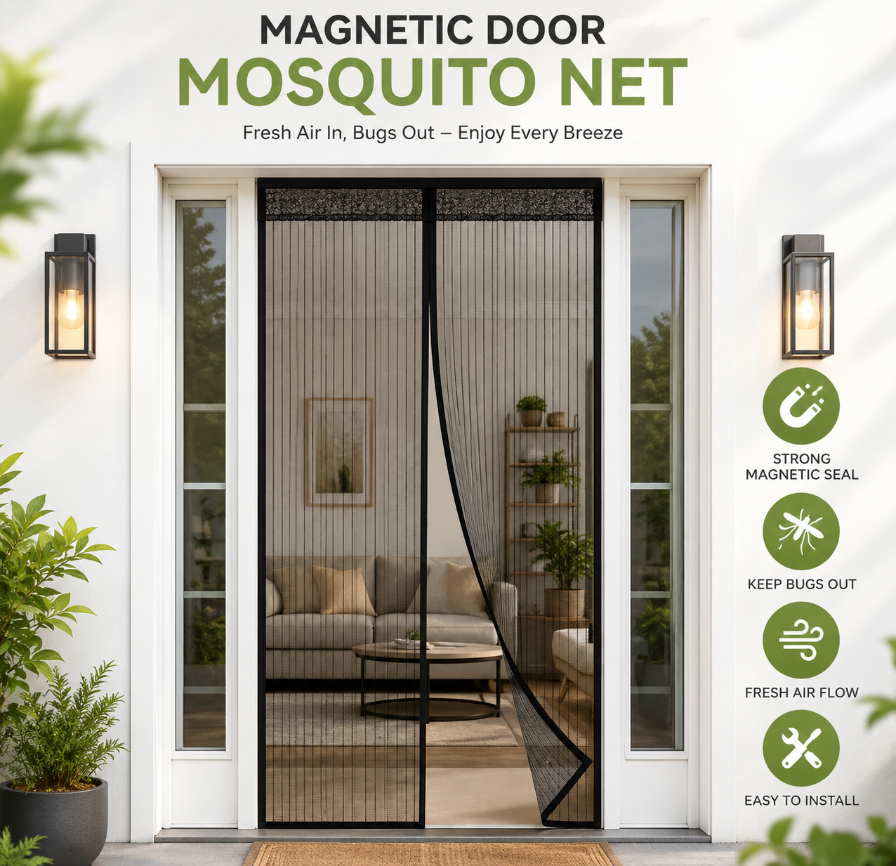 Premium Quality Magnetic Door Mosquito Net | Full Coverage Mesh | Insect Protection Curtain(Black-210*110cms, Frame Hung)