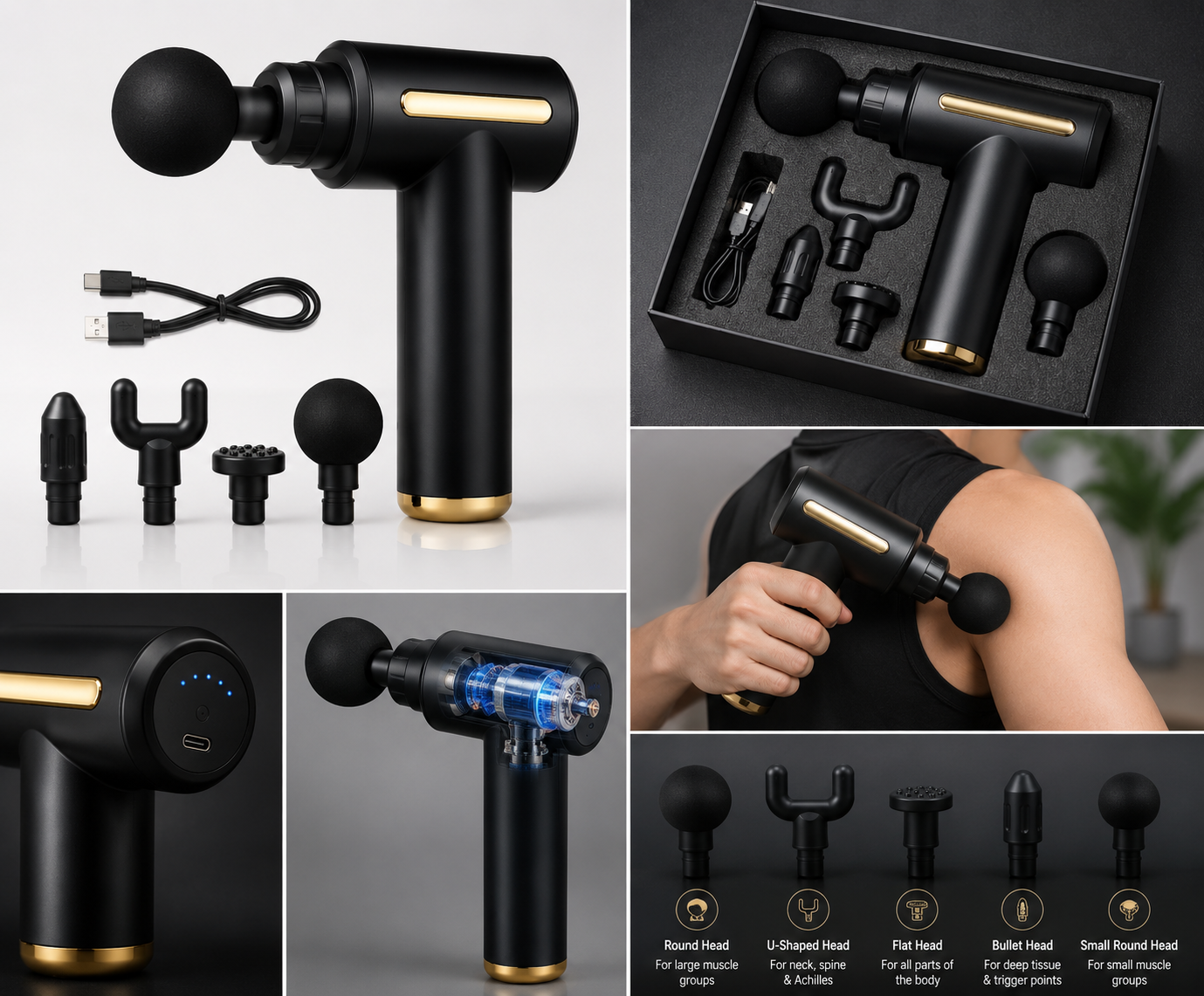 Portable Deep Tissue Massage Gun with 4 Massage Heads – Full Body Muscle Massager for Pain Relief & Recovery