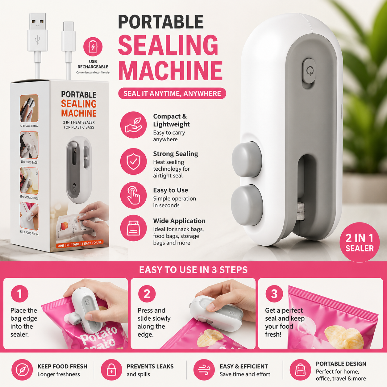 Portable Mini Bag Sealer Machine – USB Rechargeable 2-in-1 Heat Sealer & Cutter – Handheld Vacuum Sealer for Snacks, Chips & Food Storage – White & Grey