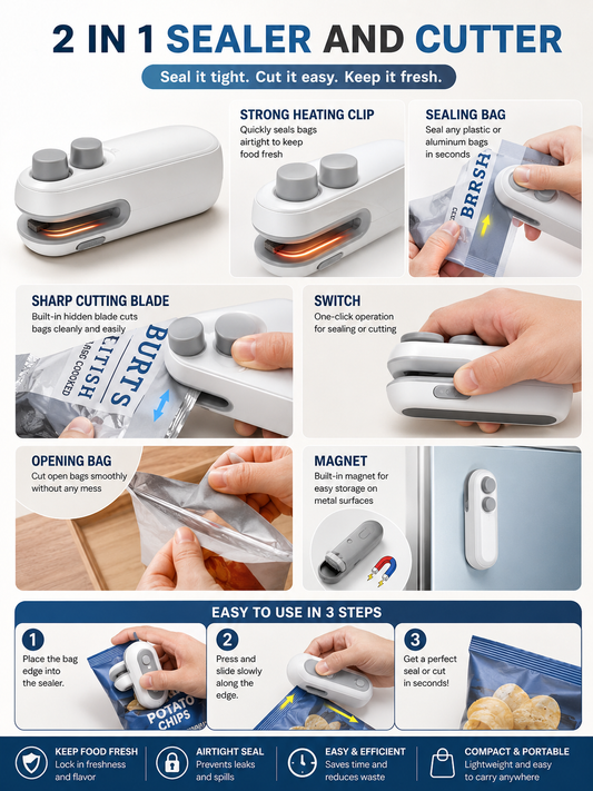 Portable Mini Bag Sealer Machine – USB Rechargeable 2-in-1 Heat Sealer & Cutter – Handheld Vacuum Sealer for Snacks, Chips & Food Storage – White & Grey