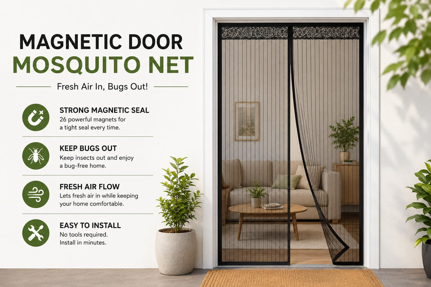 Premium Quality Magnetic Door Mosquito Net | Full Coverage Mesh | Insect Protection Curtain(Black-210*110cms, Frame Hung)