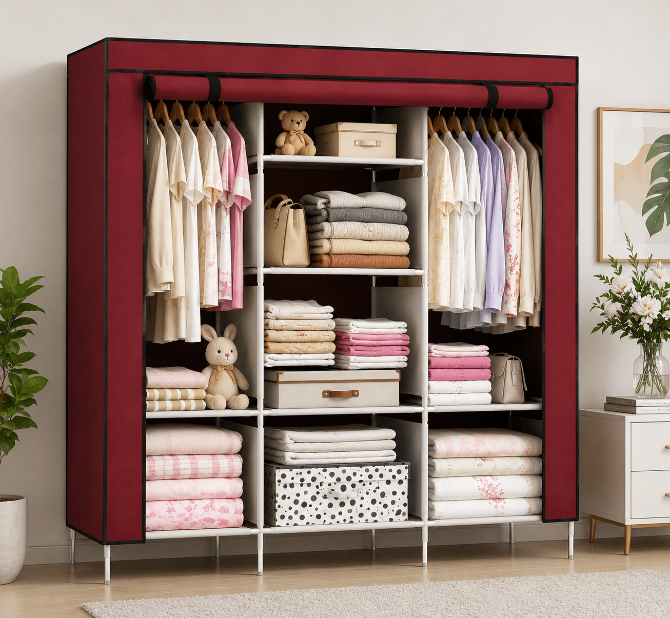 Collapsible Wardrobe With 6+2 Shelves For Storage