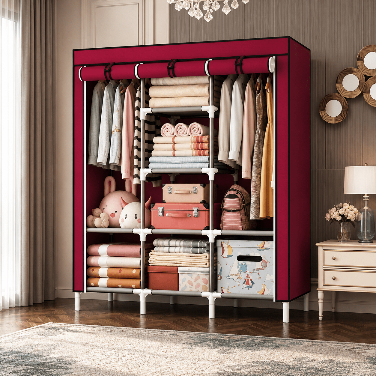 Collapsible Wardrobe With 6+2 Shelves For Storage