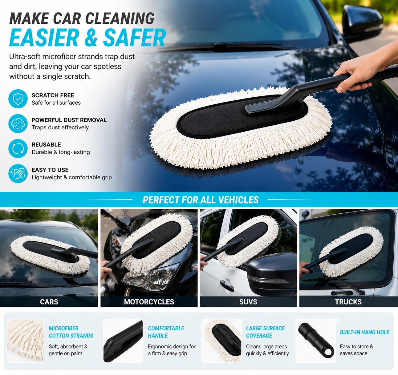 Premium Microfiber Car Duster Brush | Scratch-Free Dust Remover for Cars, Bikes & SUVs.