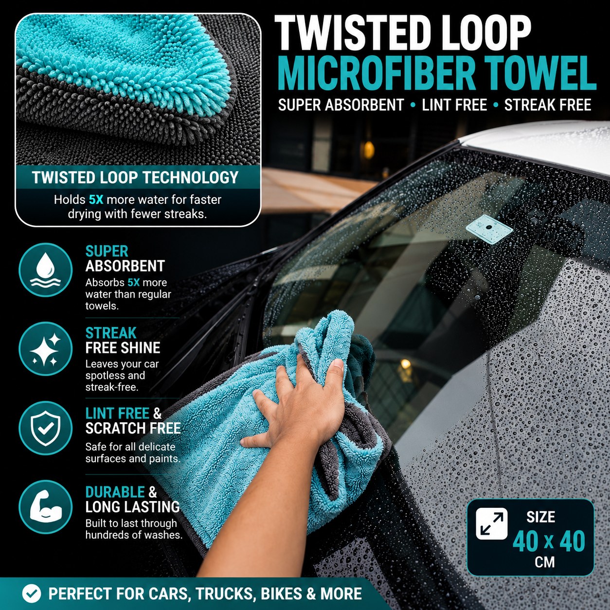 1200 GSM Twisted Loop Microfiber Car Drying Cloth | Super Absorbent & Scratch-Free
