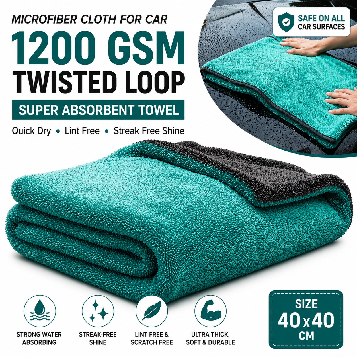 1200 GSM Twisted Loop Microfiber Car Drying Cloth | Super Absorbent & Scratch-Free