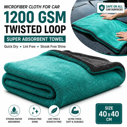 1200 GSM Twisted Loop Microfiber Car Drying Cloth | Super Absorbent & Scratch-Free